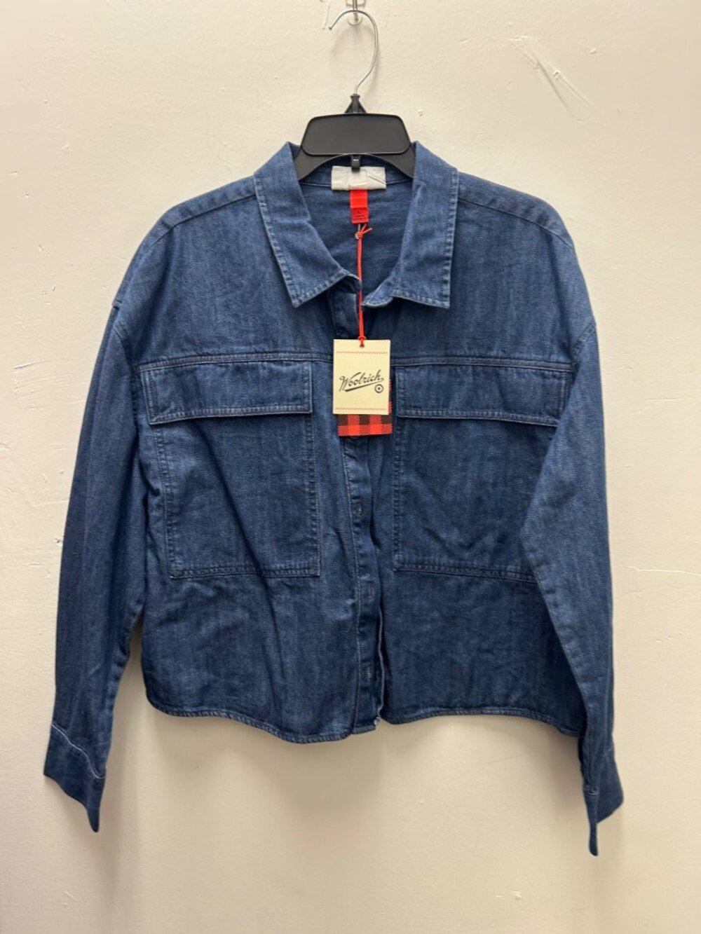 K-227 Woolrich Women's Large Utility Shirt Dark Rinse Button-Down Denim Long Sle